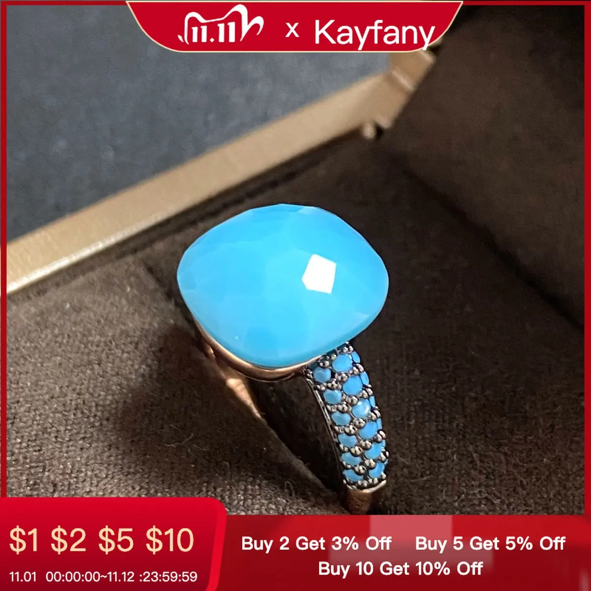 

Pomellato Turquoise Ring Inlay Turquoise Zircon With Black Gun Plated 12.6mm Flat Crystal Ring For Women Party Fashion Jewelry