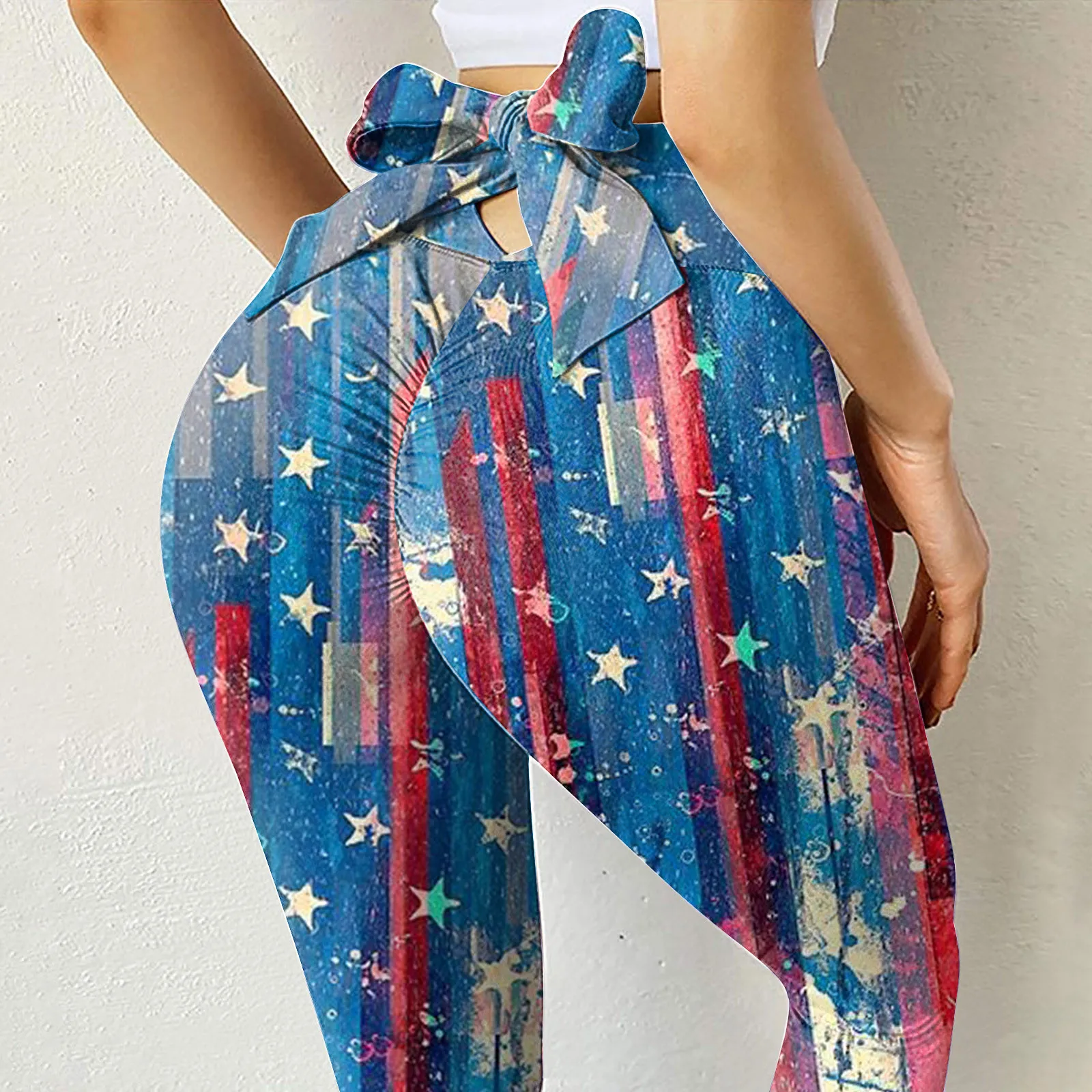 

Women Summer Independence Day Printed Casual High Elastic Comfy Stretch Elastic Waist Pants Bow Tie Casual Yoga Pants