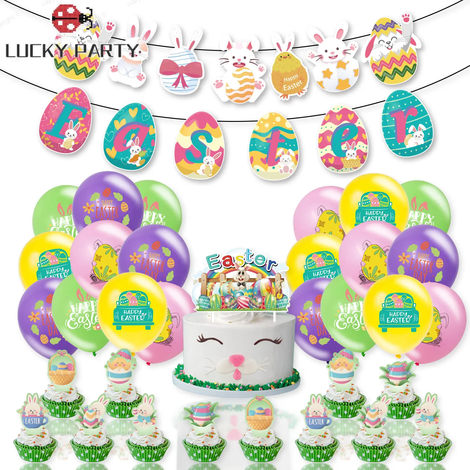 

Easter Egg Rabbit Latex Balloon Cake Flag Inserting And Pulling Set Easter Theme Party Decoration Supplies Scene Layout