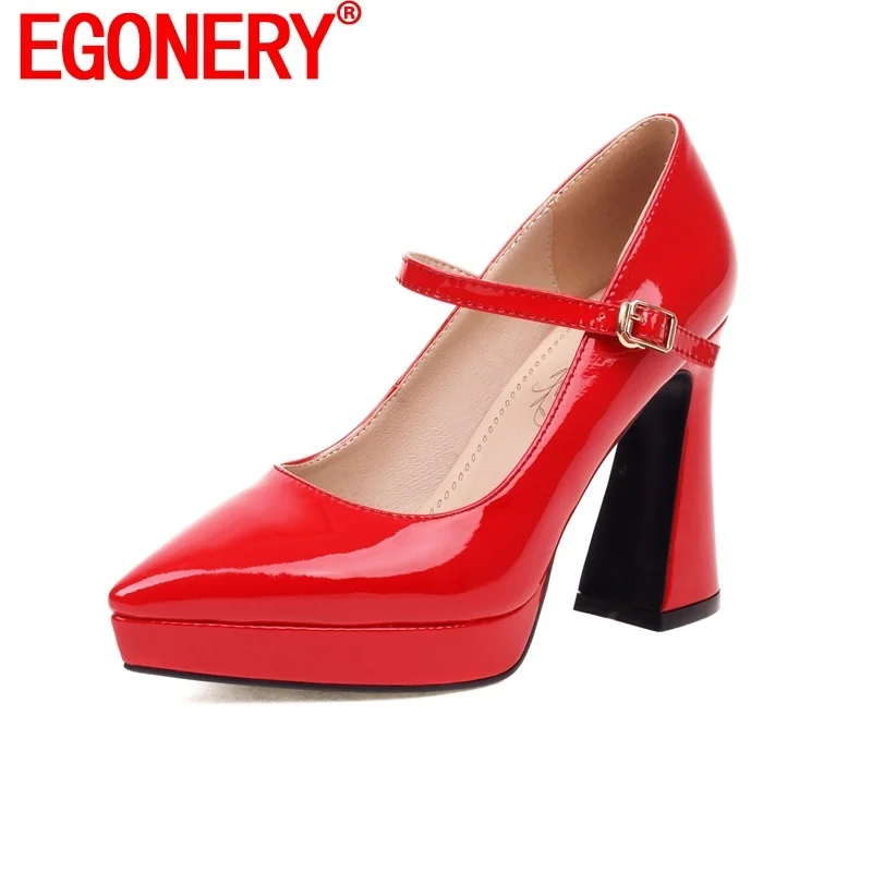 

EGONERY Woman Fashion Pumps Pointed Toe High Heels Platform Wedges Sexy Ladies Spring Summer Ankle Strap Patent Leather Shoes