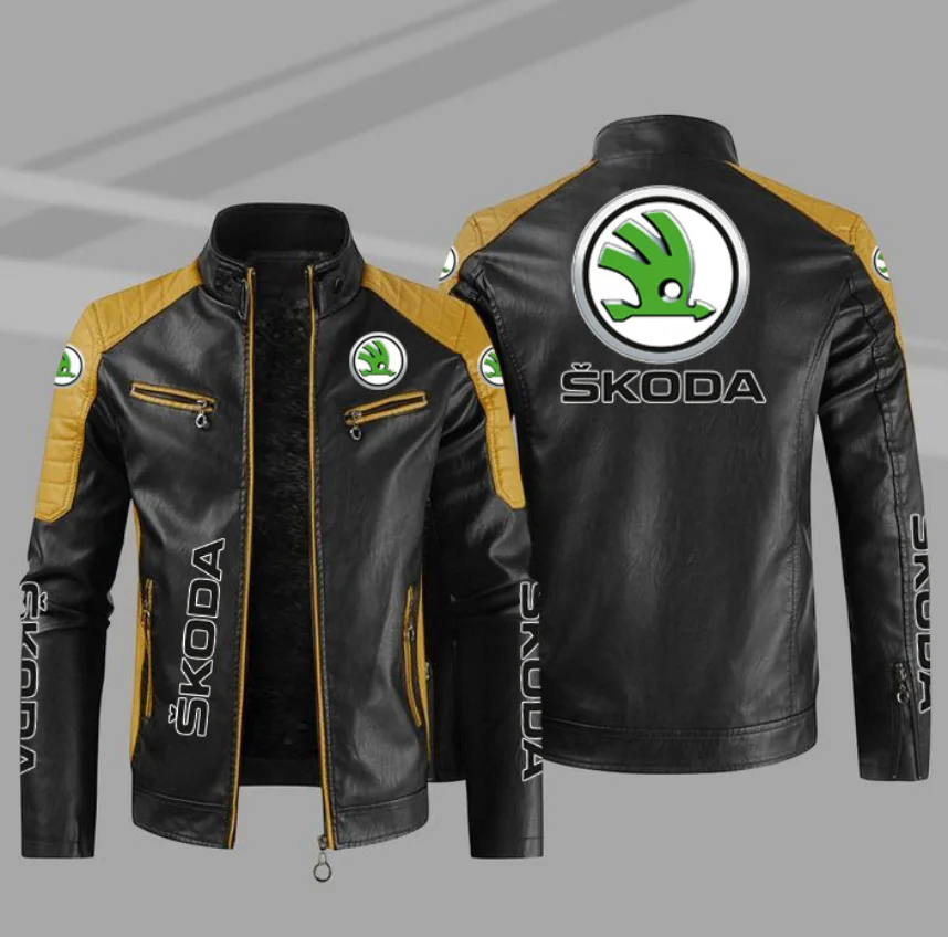 New SKODA match motorcycle Logo PU Leather Men's Jacket Motorcycle Jacket Men Slim Fit Leather Mens Jackets size S-4XL