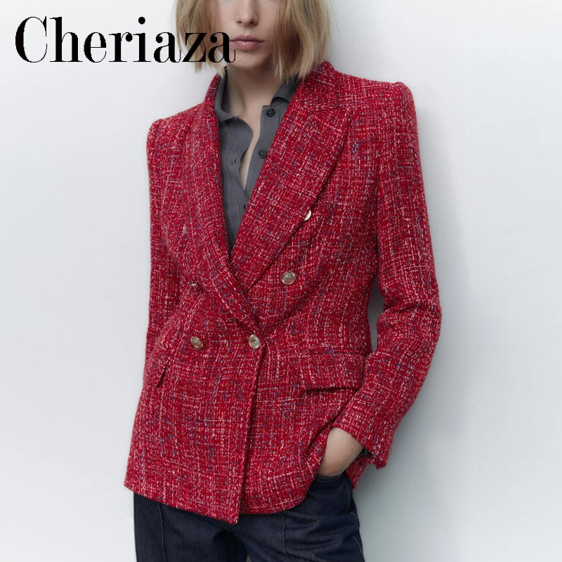 

Cheriaza Autumn Woman Red Double Breasted Textures Blazer Slim Fit Long Sleeves Commuter Jacket Pocket Outerwear Casual Top Lady