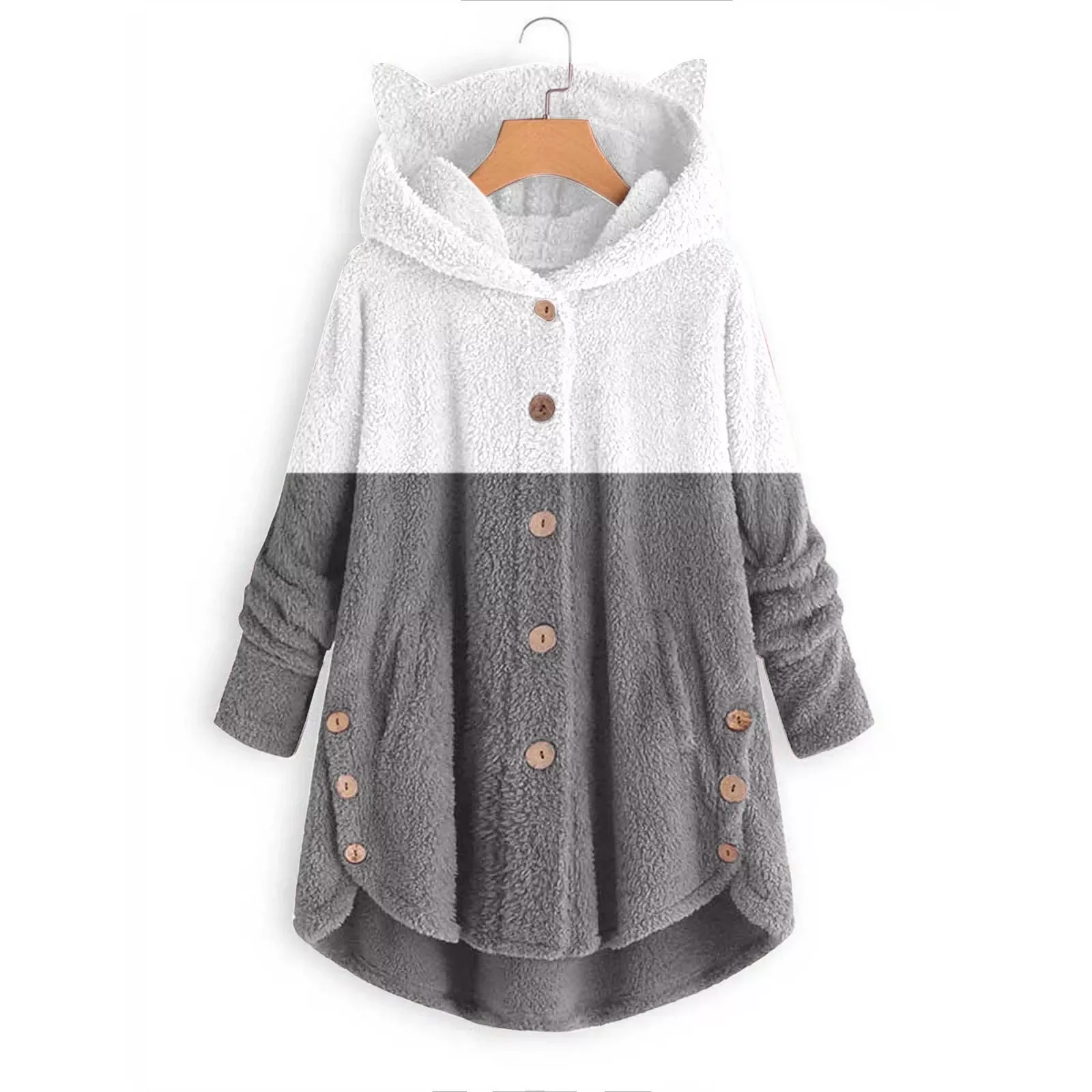

NEW IN Lady Coat And Velvet Coat Cat Ear Hooded Two Color Patchwork Button Weather Jacket Long Fleece Jacket Women Worsted Wool