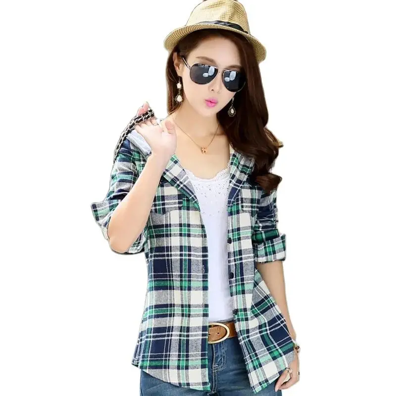 

Casual Plaid Shirt Female Fashion Spring Summer Autumn Women's Shirt Tops Hooded Brushed Polyester Cotton Thin Shirt Coat Jacket