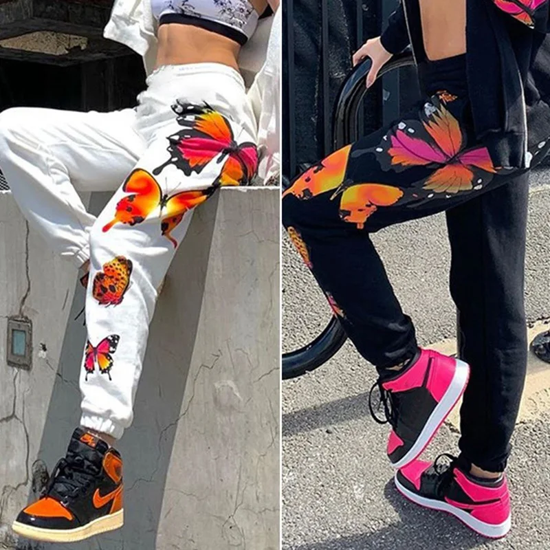 

Butterfly Print Loose Pants Women Stretch High Waist Streetwear Jogger Pencil Pants Pocket