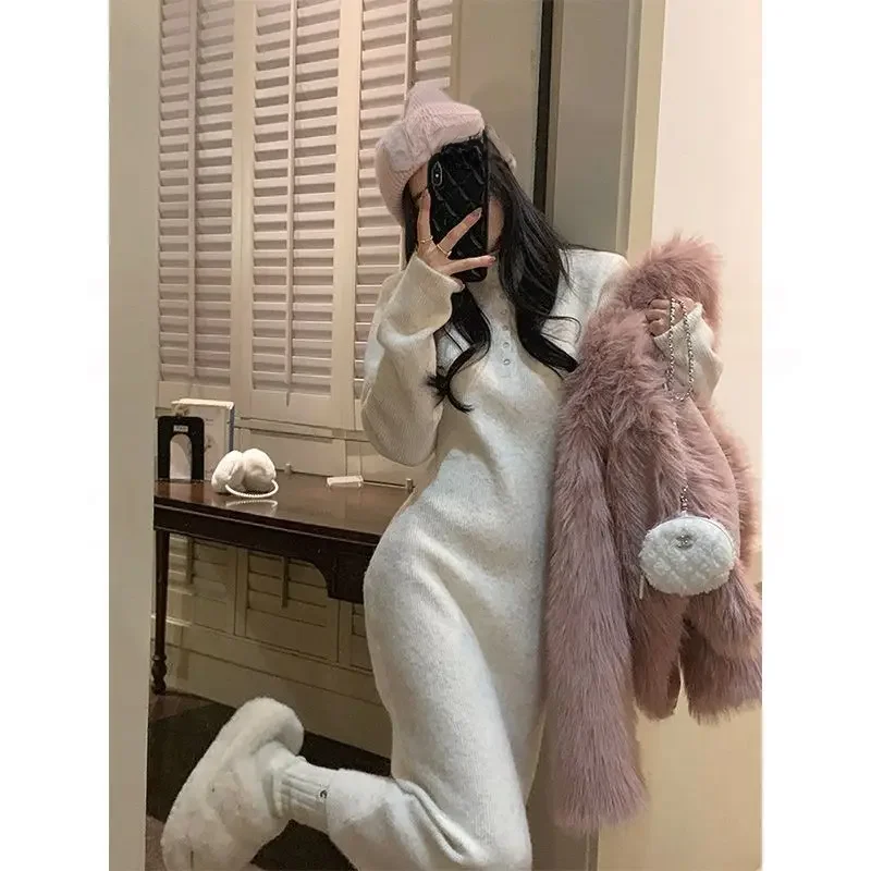 Осенне-зимнее плотное платье-свитер длинное облегающее трикотажное платье с