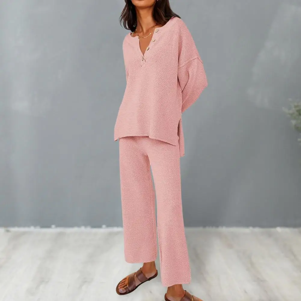 

2 Pcs/Set Women Top Pants Suit Loose Split Hem Knitted Top Wide Leg Trousers Soft V Neck Spring Fall Sweater Trousers Set