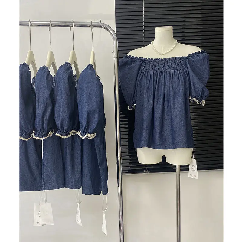 

French Vintage Summer New Blouse Y2k Blue Asymmetrical Sleeves Design Chic Short Sleeve Top Women's Casual Party Fashion Blouse