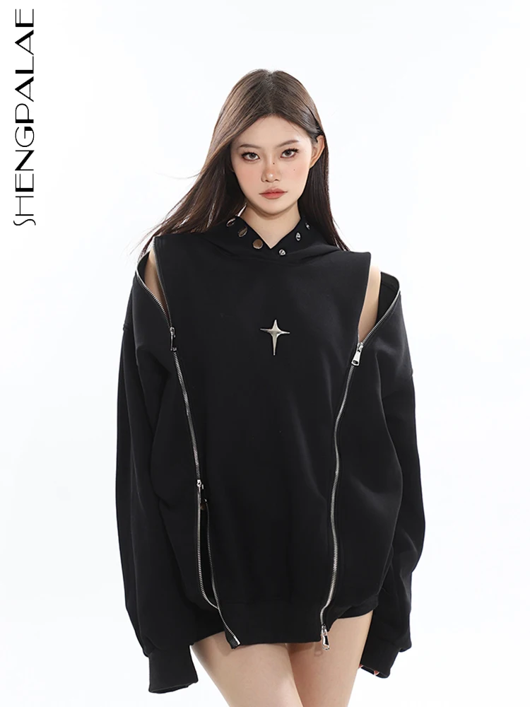 

SHENGPALAE, женские толстовки с открытыми плечами, модный однотонный свитшот на двойной молнии с металлическим дизайном, осень 2023, новинка 5R4639