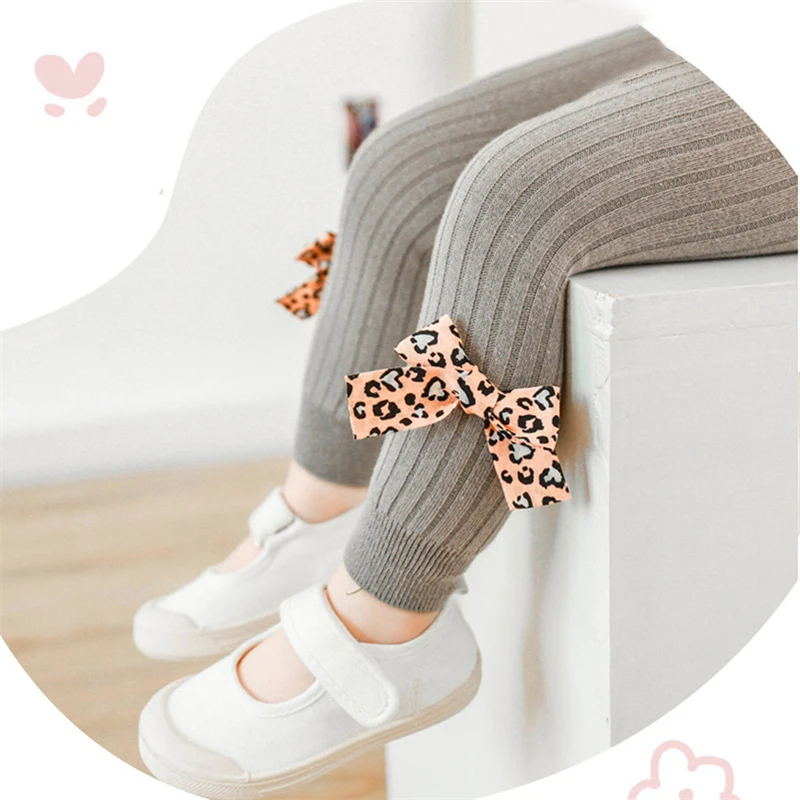 

0-4 Years Autum Winter Legging For Girls Children Fashion Leopard Bow Breathable Cotton Knitted Child Trousers Baby Tights Pants