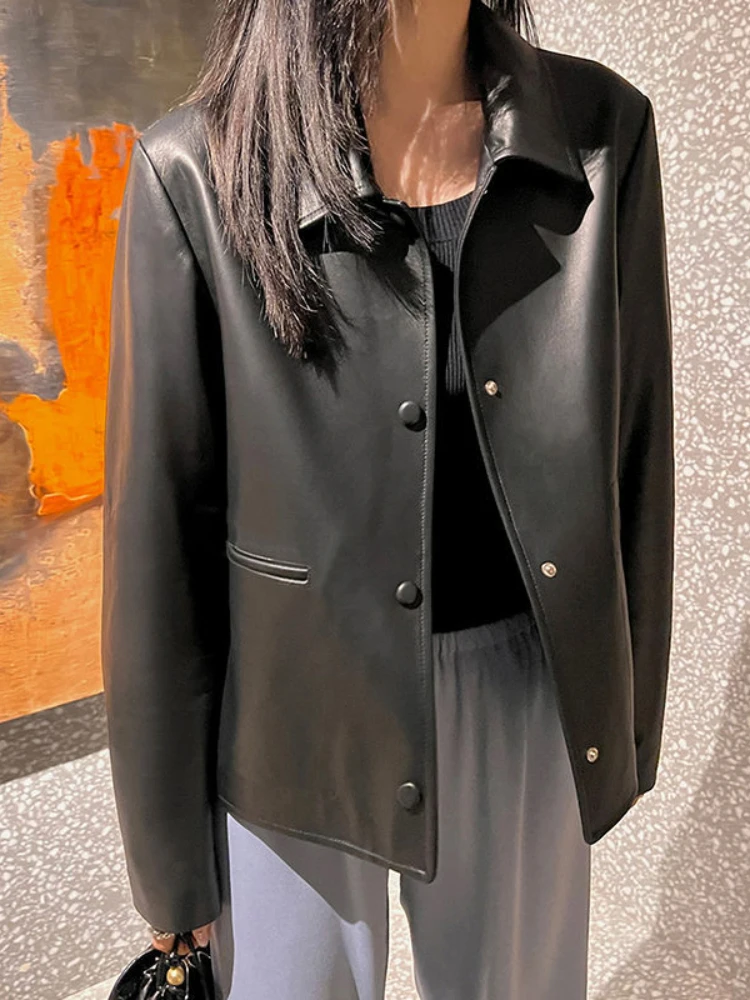 

FTLZZ новая весенне-осенняя короткая куртка из искусственной кожи, Женская Повседневная однобортная куртка из искусственной кожи с лацканами, женская модная свободная черная верхняя одежда