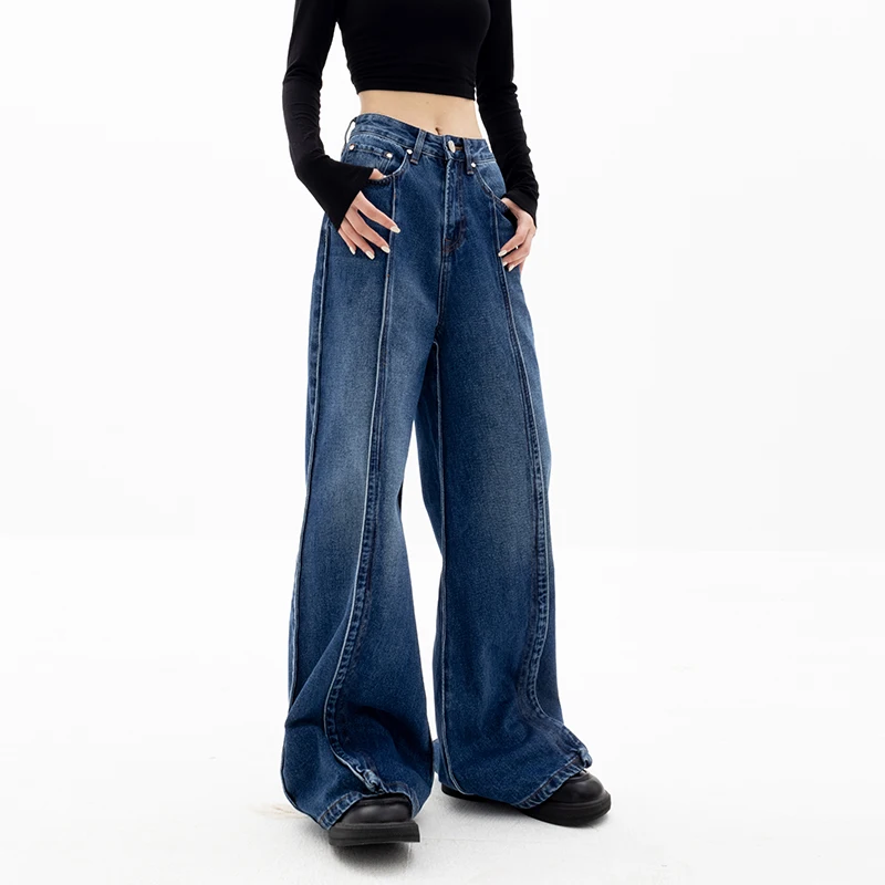 Winter Jeans Women's Straight Loose Wide-Leg Pants Dark Washed Dark Blue Trousers Heavy Industry