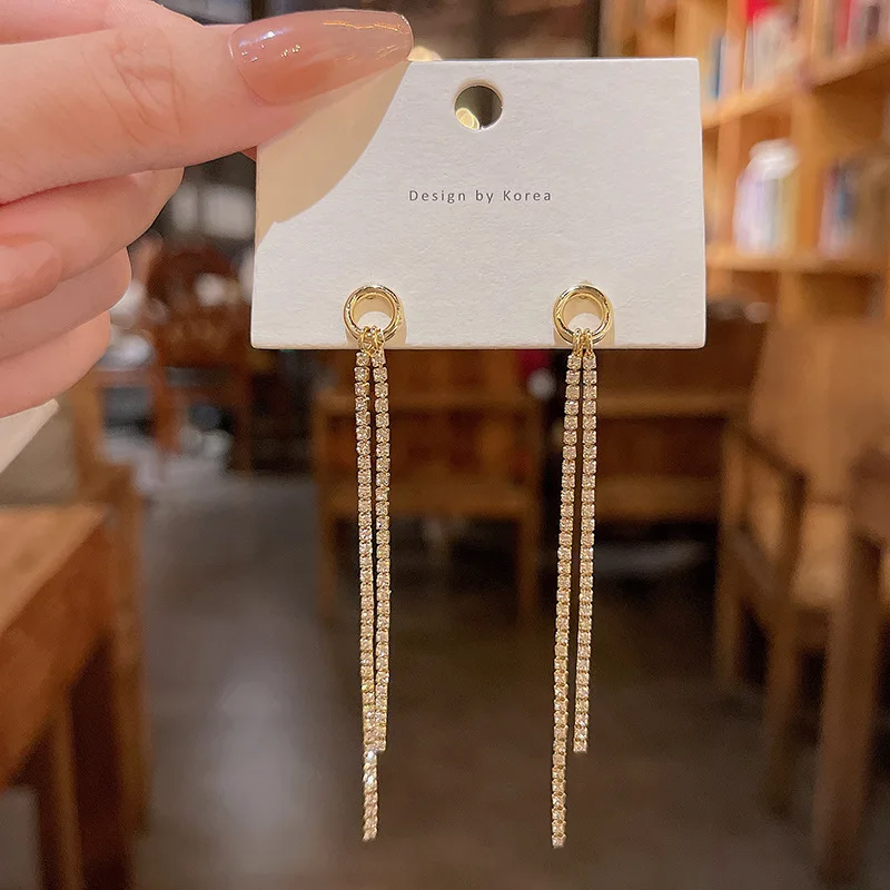 

New simple long fringed earrings women's trend delicate full of diamond earrings