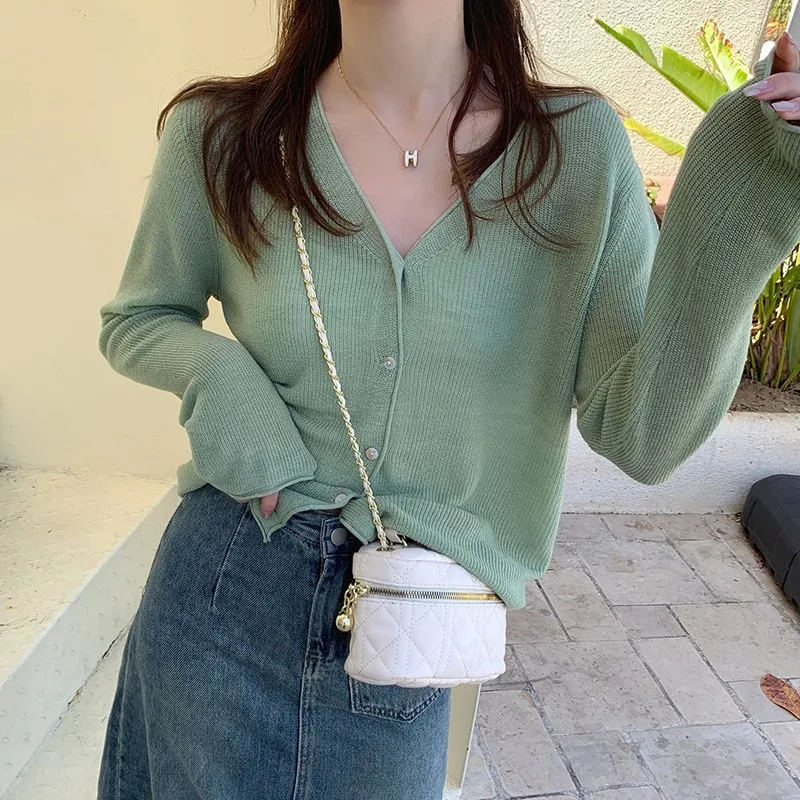 GAODINGLAN Летний Тонкий вязаный кардиган женская рубашка с длинным рукавом из