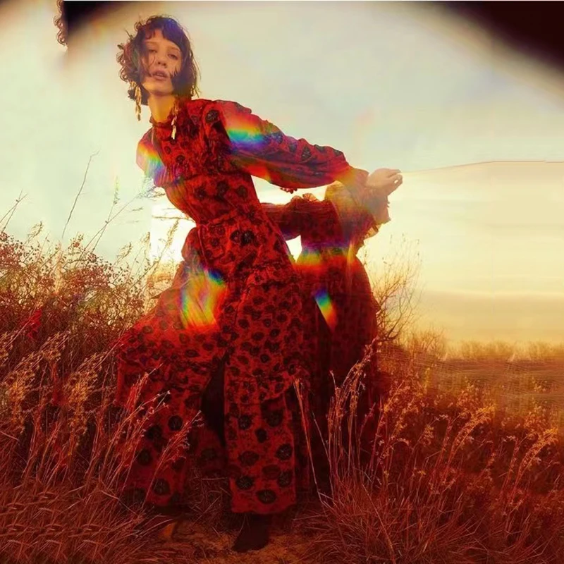 

Fashion Wooden Ear Side Dress Patterned Printed Long Sleeve Tie Long High Quality Women's Dresses 2023 Autumn New y2k