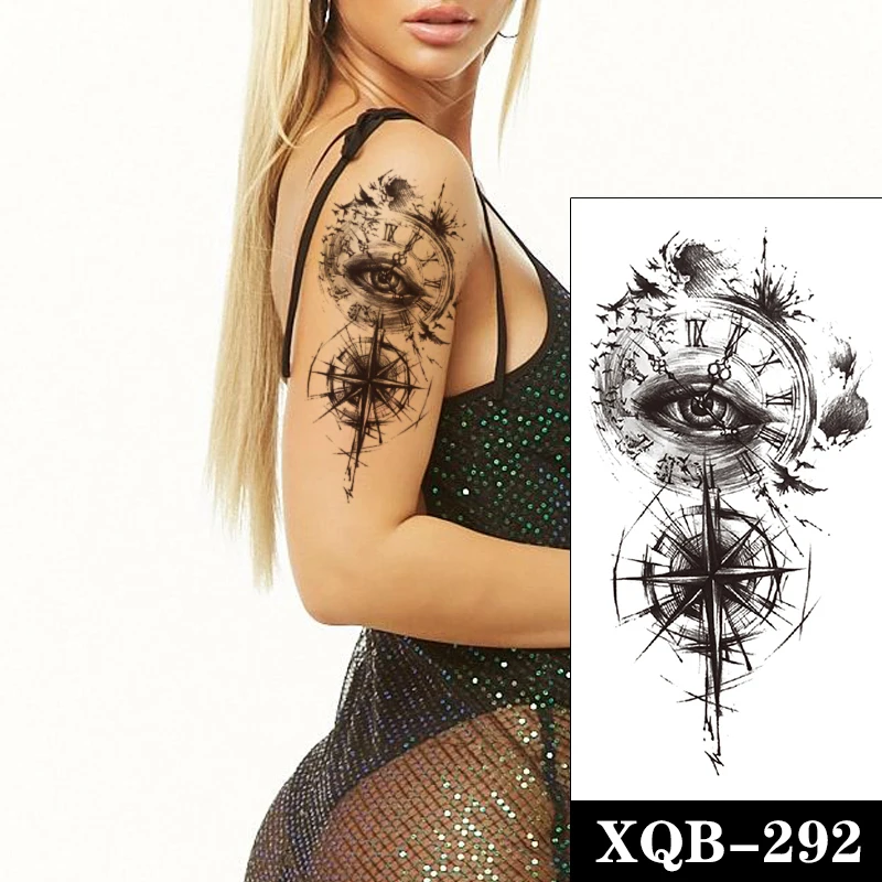 

Ink Line Temporary Tattoo Sticker Black Eye of God Compass Letters Totem Fake Tattoos Waterproof Tatoos Arm Large Size Women Men