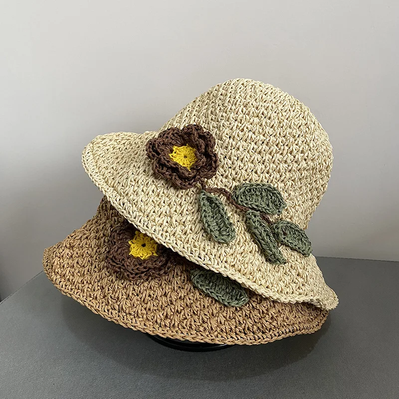 

Handmade Weaving Straw Flower Bucket Hat Foldable Cute Sun Protection Straw Cap Summer Spring Beach Travel Women Sun Bonnet Cap