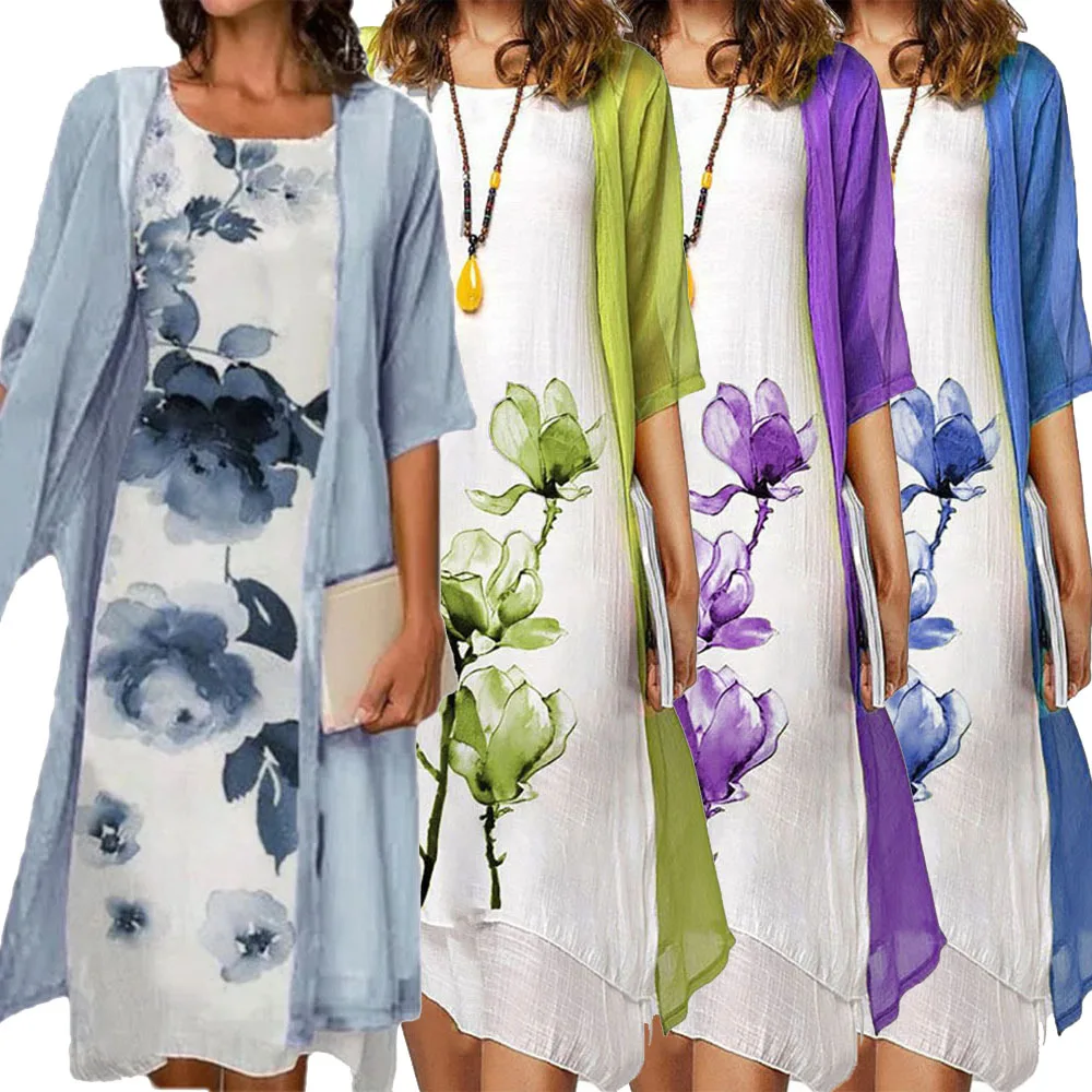 Женское Винтажное Платье Длиной До Колена С Цветочным Принтом Кардиган В