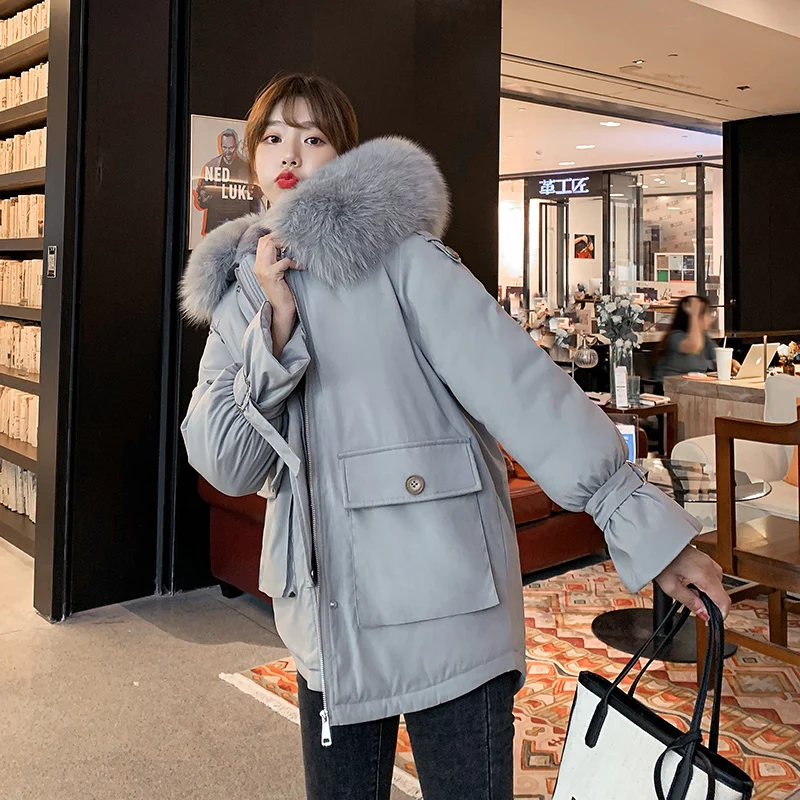 Teenage Girls Thick Fleece Parkas for Korean Style Fashion Trends Winter Clothing Women Camel Fur Collar Hooded Puffer Jackets