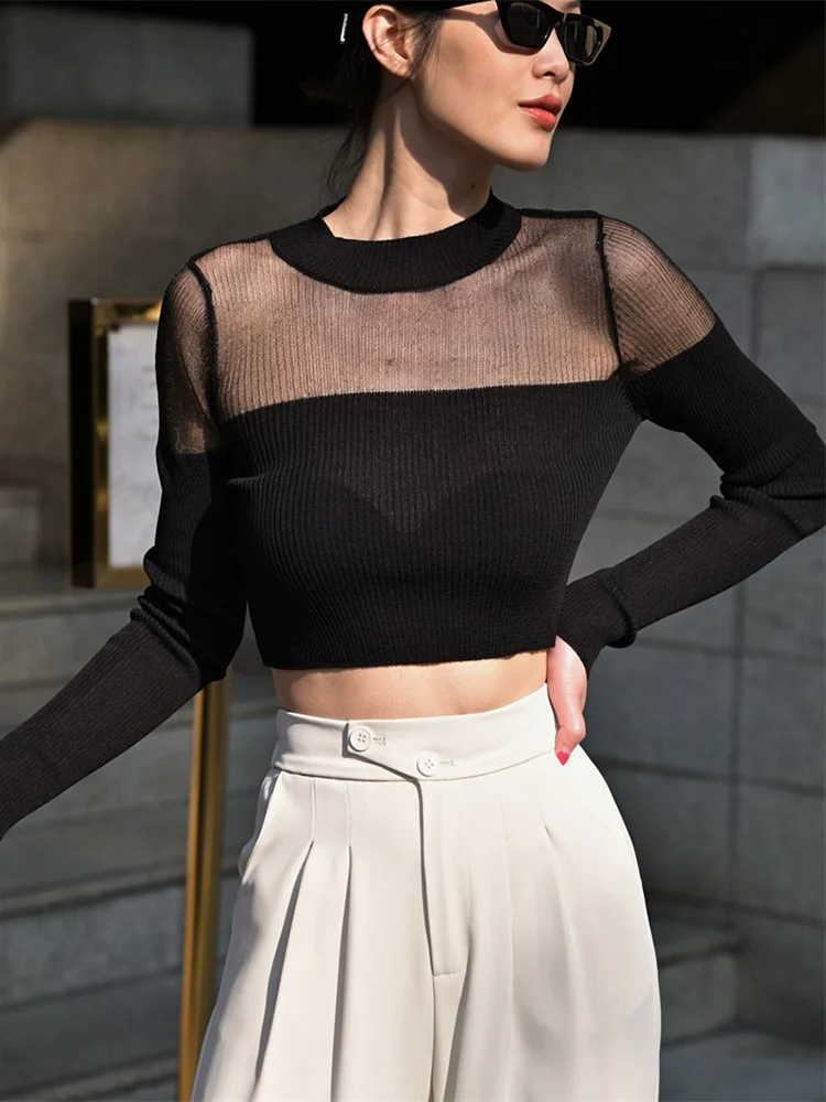 

Women Black Organze Perspective Knitting T-shirt New Round Neck Long Sleeve Fashion Tide Spring Autumn 2022 M425