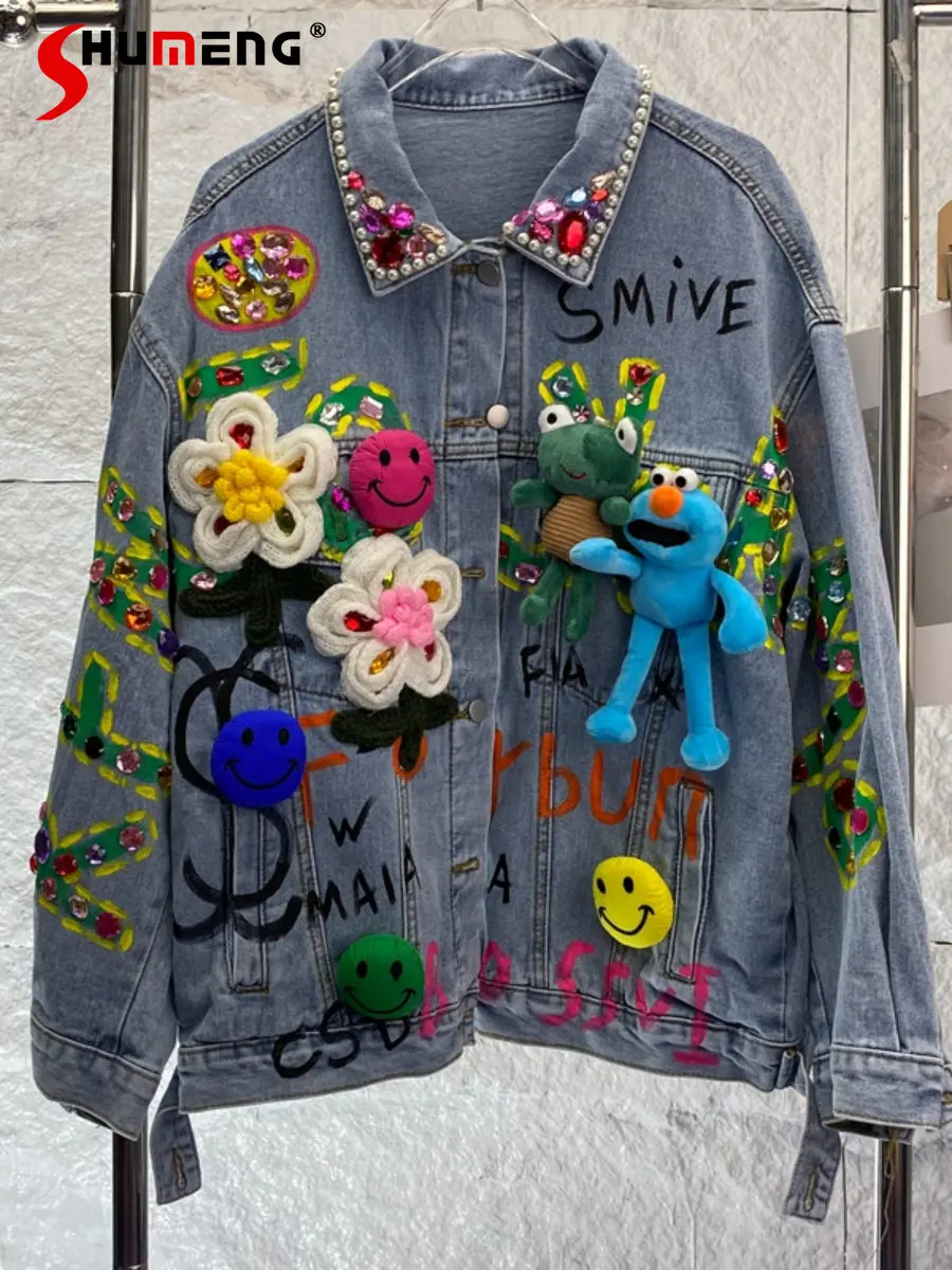 

Thai Fashion 2022 Autumn New Female Streetwear Elegant Cartoon Flower Denim Jacket Women's Fashion Trendy Loose Long Sleeve Coat