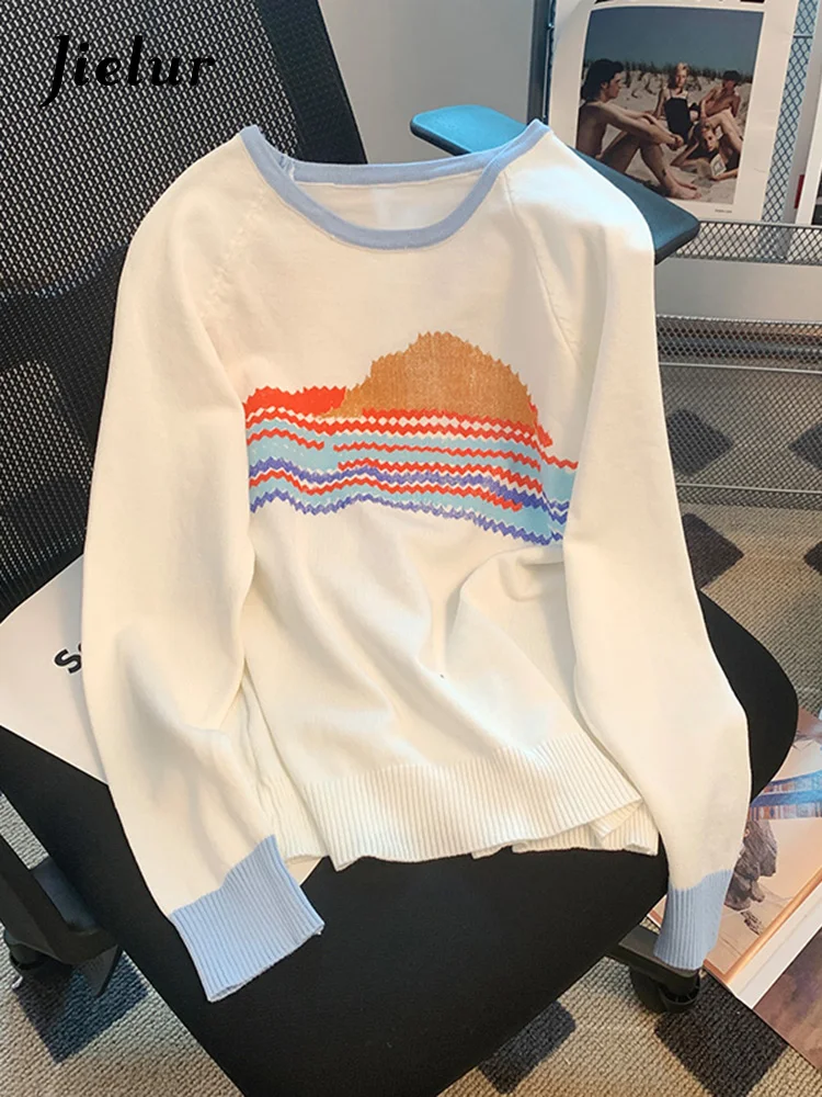 

Jielur Autumn New Thin Long Sleeve Knitted T-shirt Women Unique Sunrise Korean Top Female Knitwear O-neck White T shirts S-L