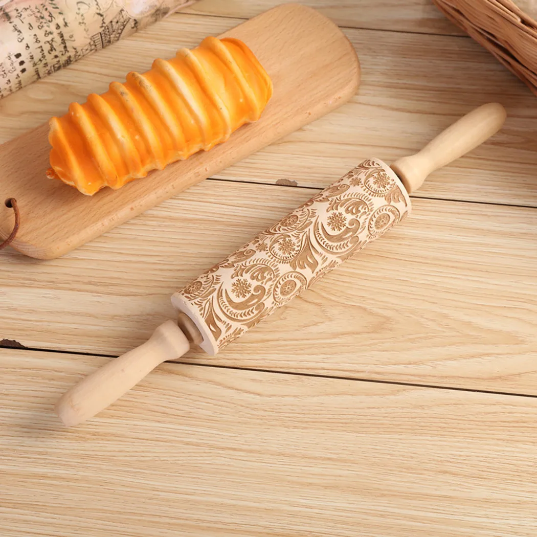 

1PCS 3D Embossing Rolling Pin Wooden Engraved Roller Pin Flower Pattern Baking Tool 35cm Length X Diameter 4.5cm Cooking