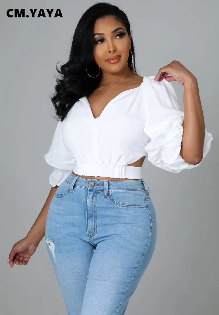 

Женская блузка с бантом на спине CM.YAYA, блузка с разрезом на талии и рукавами-фонариками три четверти и V-образным вырезом и рубашка, топы для л...
