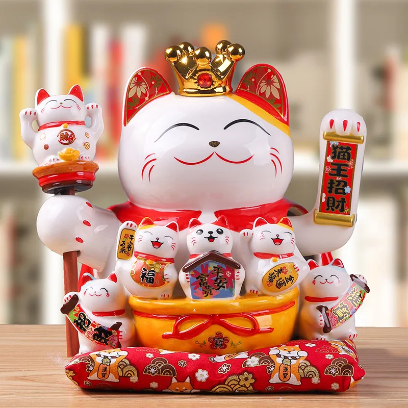 9 Inch Feng Shui Lucky Cat Ceramic Fortune Electric Shaking Arm Beckoning Maneki Neko Ornament Home Decoration Gift |