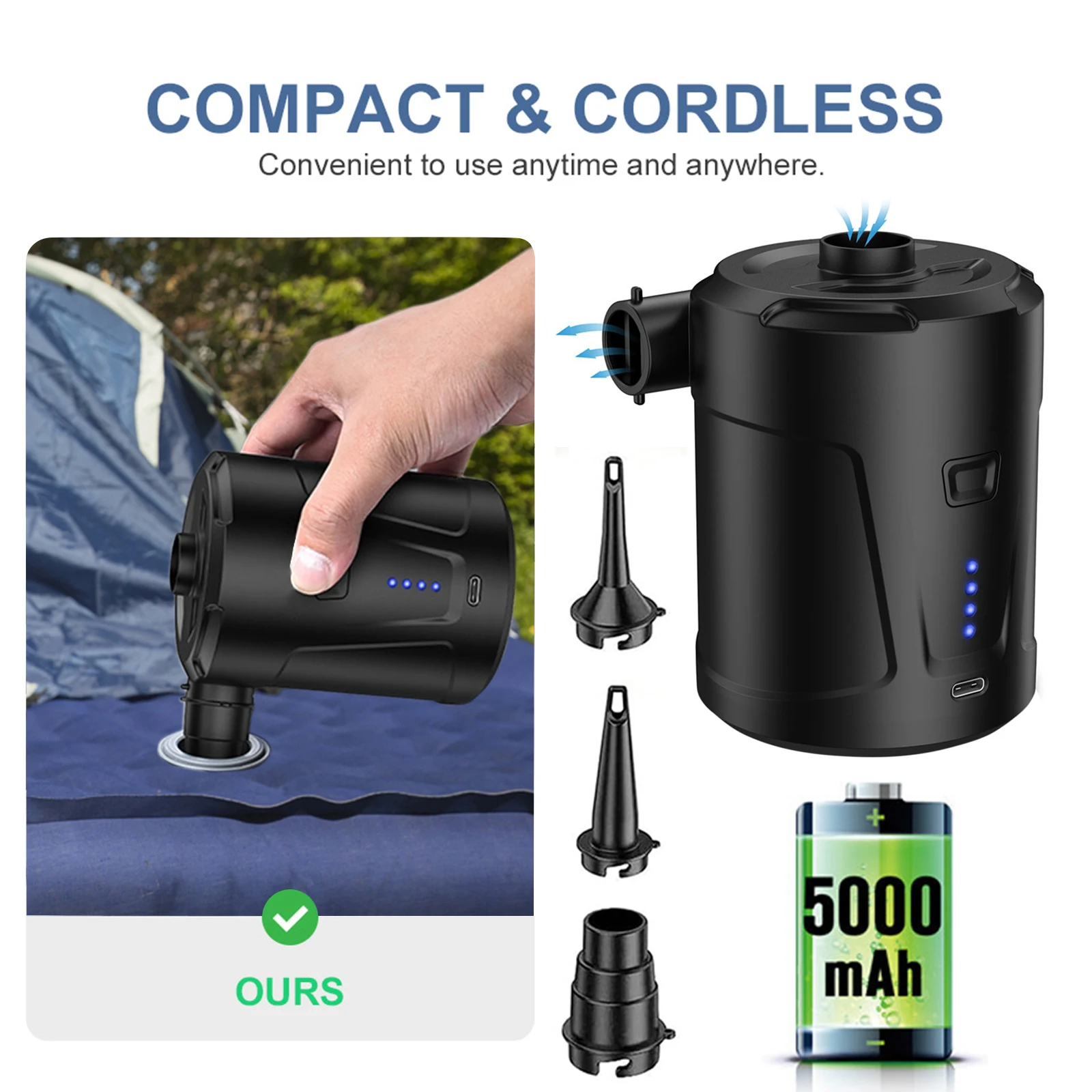 

Электрический воздушный насос, надувной компрессор с аккумулятором для ПВХ лодок, матрасов, плавательных бассейнов, надувных плит