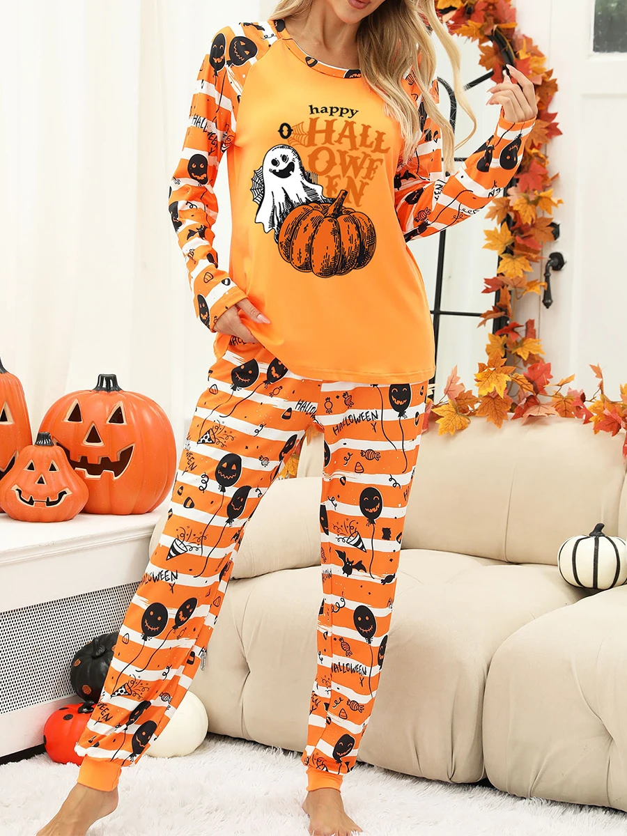 Женский пижамный комплект на Хэллоуин Топ с длинным рукавом и круглым вырезом
