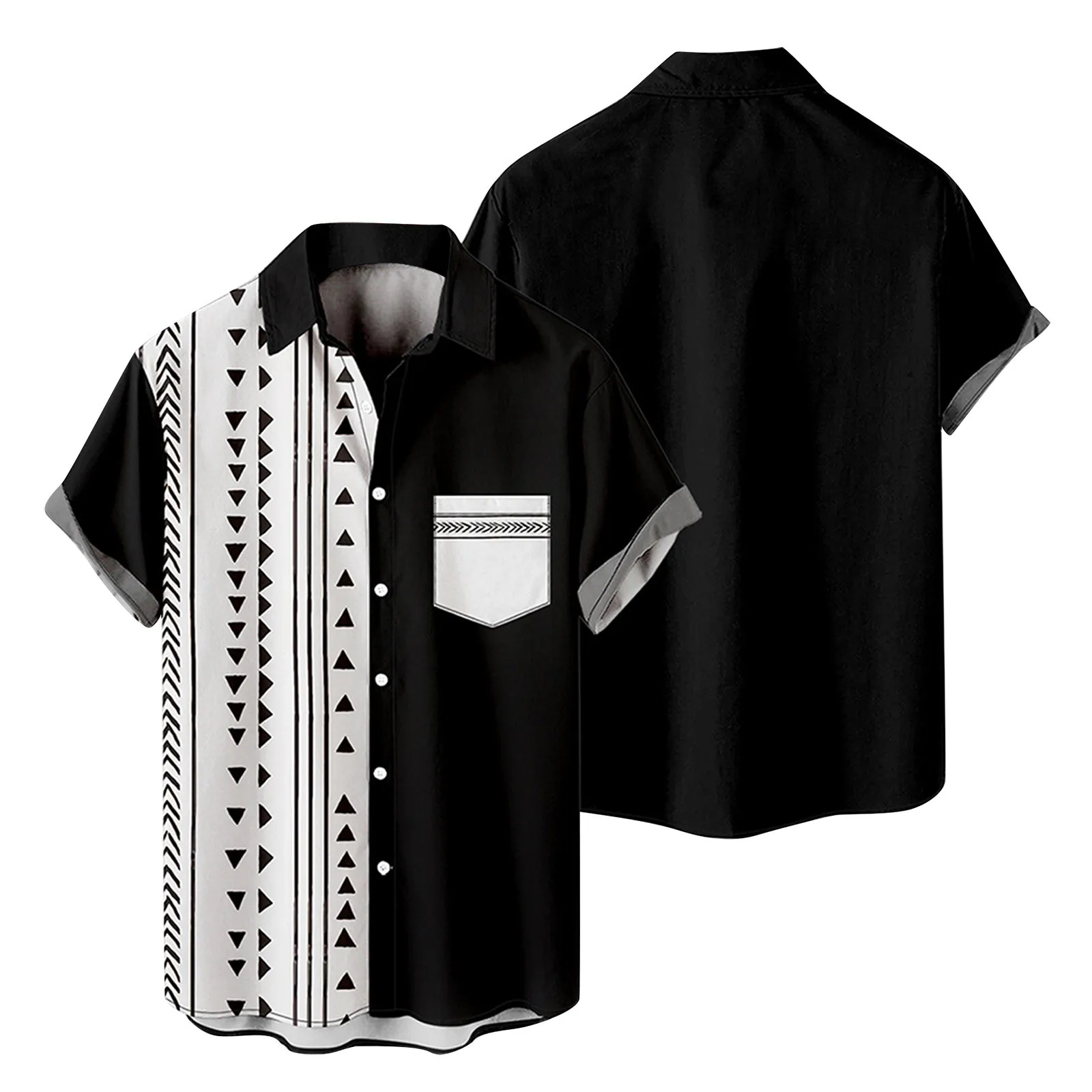 

Mens Fashion And Leisure 3D Digital Printing Buckle Lapel Short Sleeve Shirt Top Rolled Collar