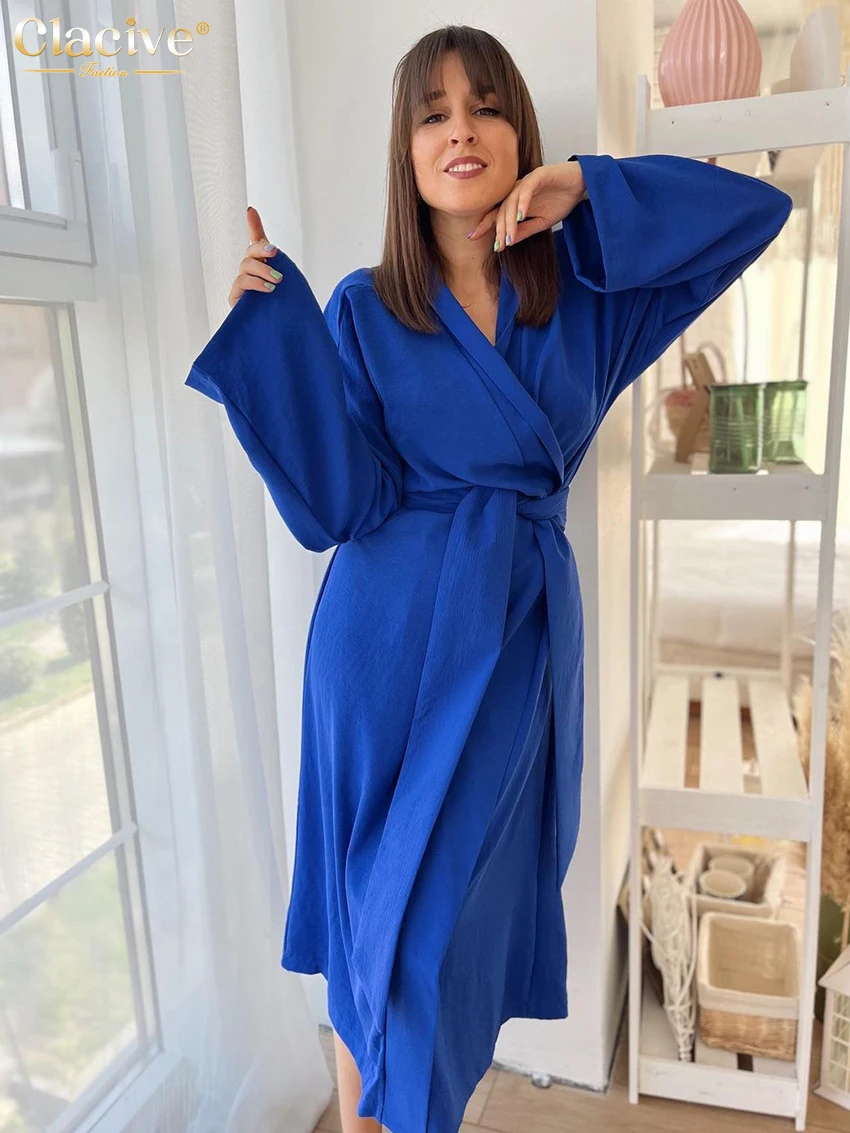 

Clacive Casual Loose Blue Women Autumn Dress Elegant V-Neck Long Sleeve Midi Dresses Vintage Lace-Up Female Dress Roebs Homewear