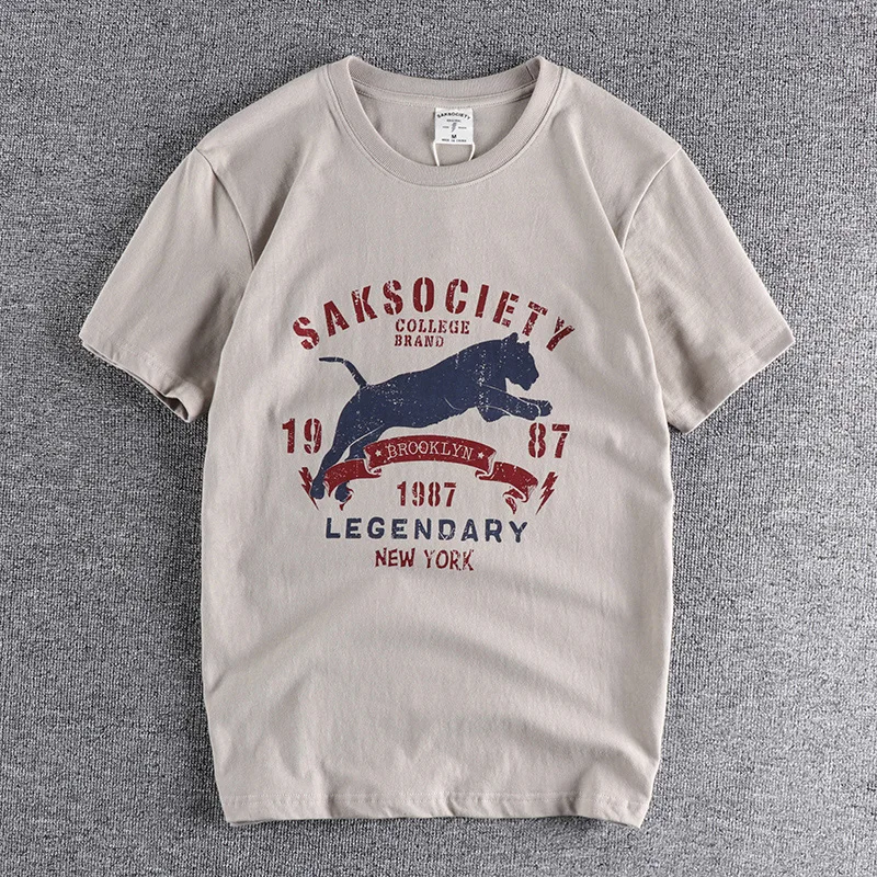 

2022 Summer American Retro Short-sleeved O-neck Printed T-shirt Men's Fashion Simple 100% Cotton Washed Old Loose Casual Tops