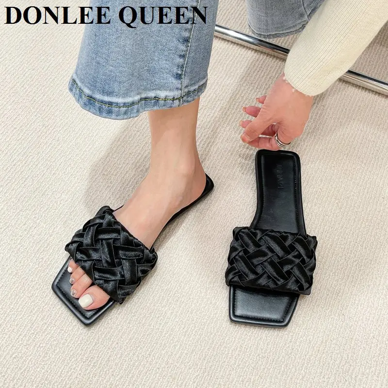 

Шлепанцы женские плетеные, сланцы, пляжные сандалии, плоская подошва, открытый носок, повседневная обувь для отпуска, лето 2022