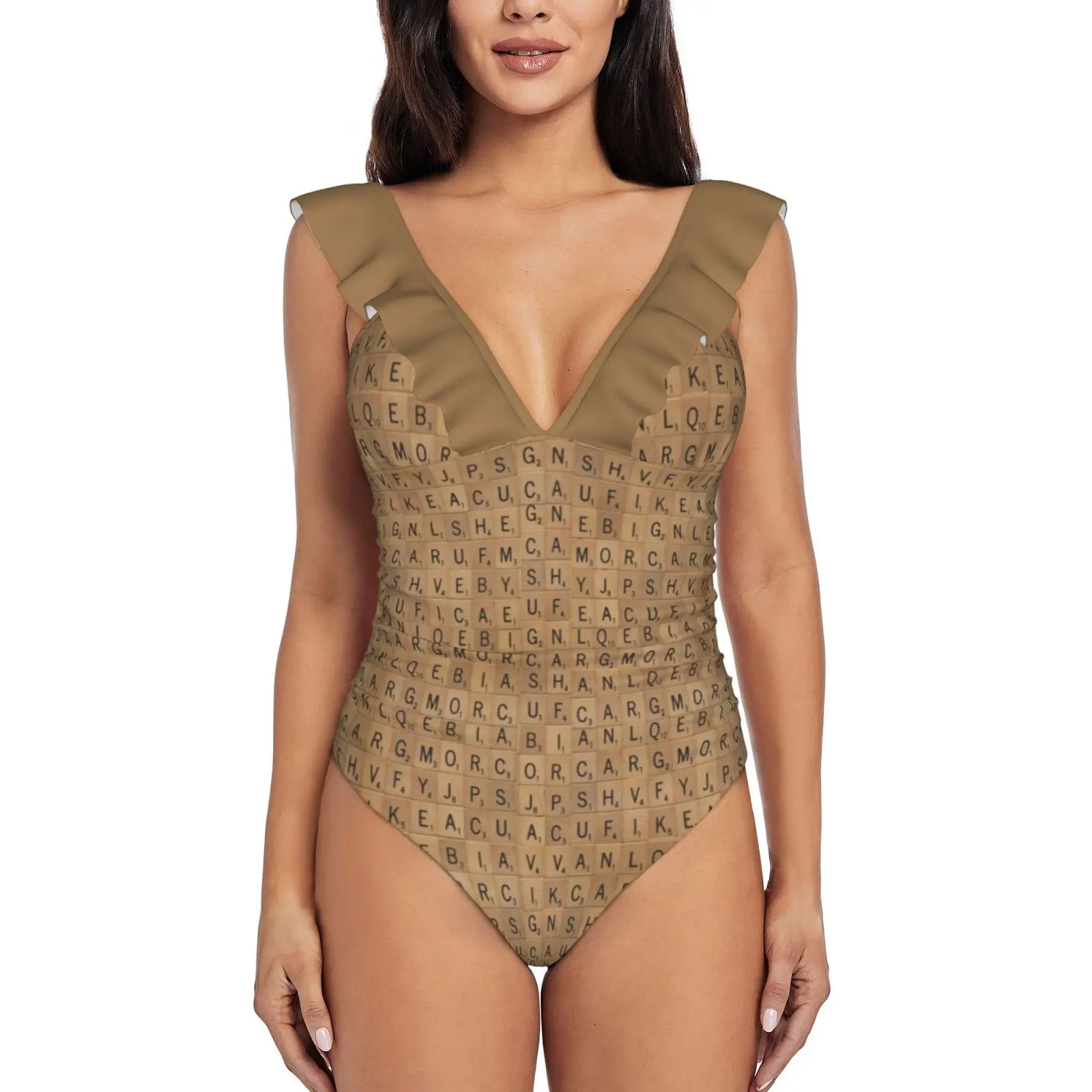 

Игровые Монокини Scrabble с принтом деревянных букв, Новый Цельный купальник с оборками, Женский сексуальный купальник, женский купальный кост...