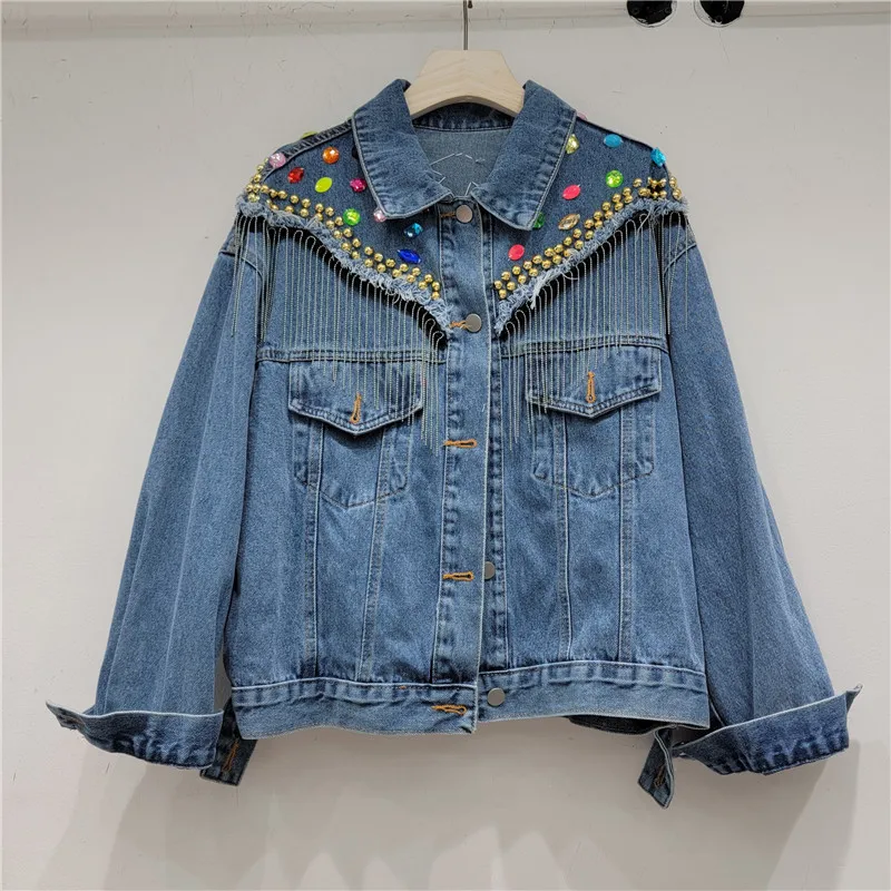 

2023 Autumn New Tassel Exquisite RhinestoneLoose Jeans Jackets Outwear for Women Harajuku BF Style Coat Women's Denim Jacket