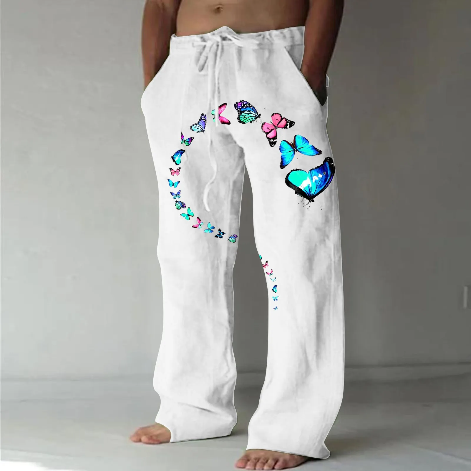 Mens Fashion Casual Printed Linen Pocket Lace Up Pants Large Size Pants Jeans for Men Chinos Slim Fit