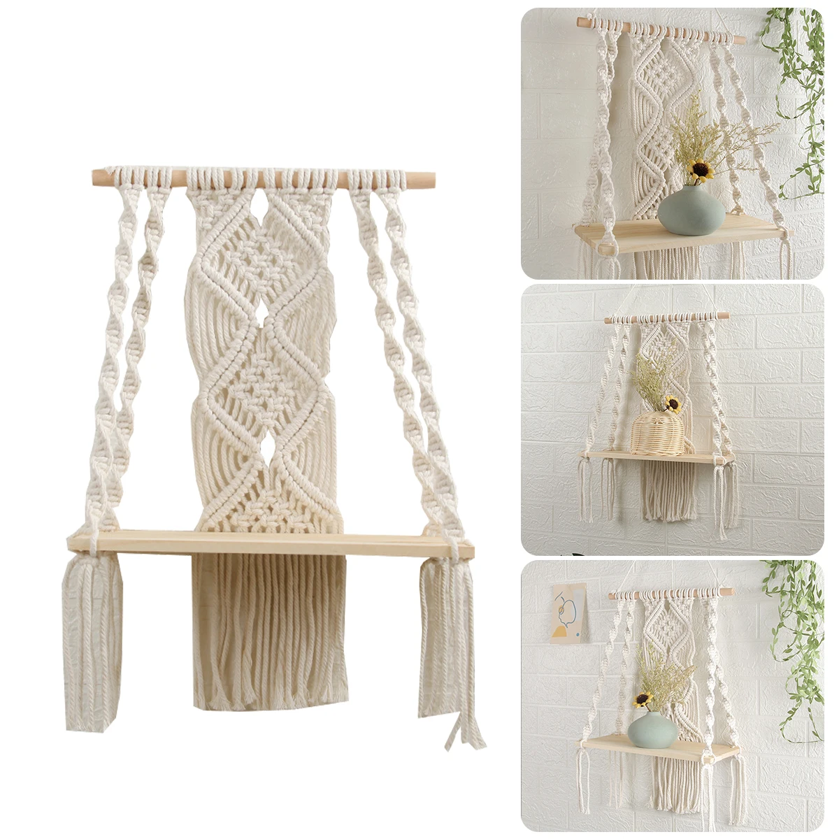 

Wooden Floating Shelf Macrame Wall Hanging Shelf Board Bohemian Woven Rope Swing Shelf Home Book Plant Storage Holder Organizer