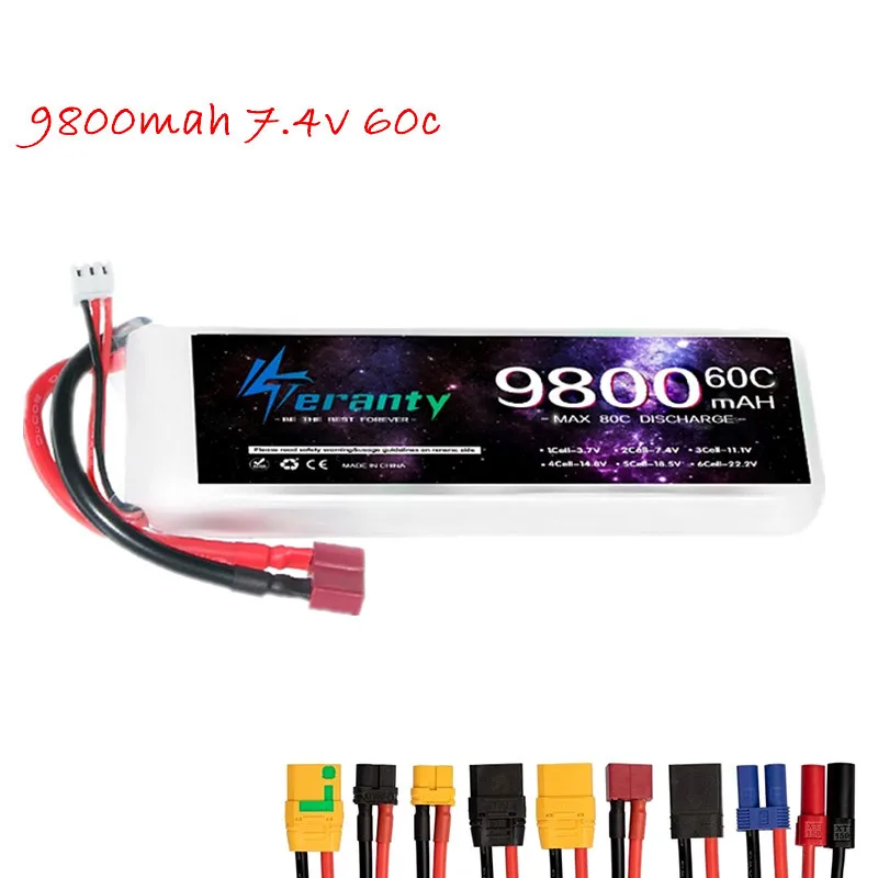

2S 7.4V Lipo Battery 60C 9800mAh for RC Car Vehicles Drone Helicopter Truck Tank Truggy Competition Racing with XT90 XT60 T Plug