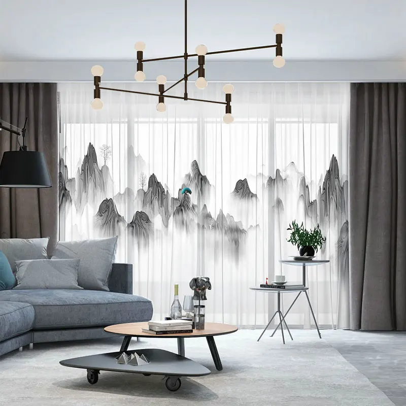 

Custom Chiffon Sheer Curtain Window Drape for Bedroom Living Room Mountain Hills on Cloud Painting
