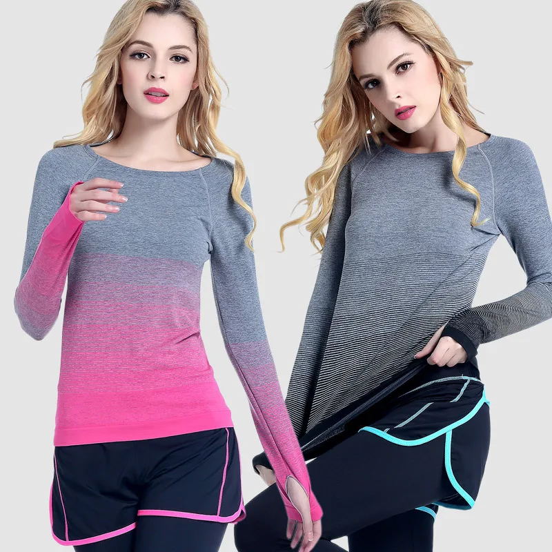 

Sports Women's Gradient Sports Shirt T-shirt Running Fast-drying Yoga Clothes Four Seasons Round Neck Sweat-absorbent Tops