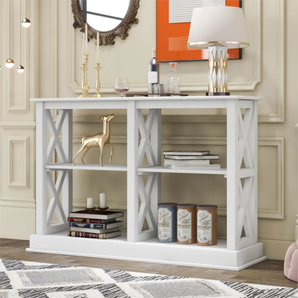 

For Living Room Entryway And Hallway White Console Table With 3-Tier Open Storage Spaces And X Legs Narrow Sofa Entry Table