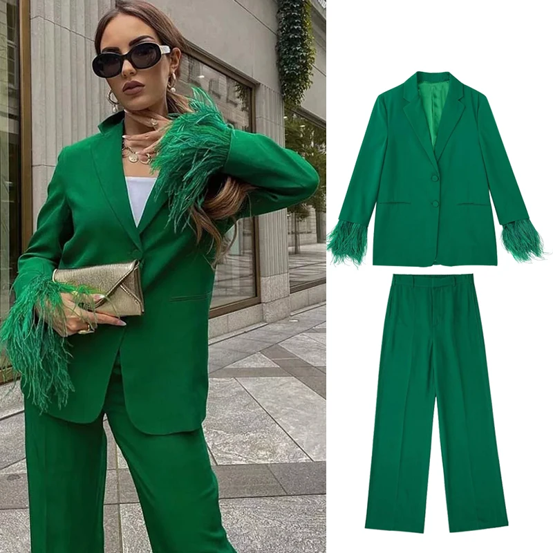 Fashion Feather 2 Piece Set Suits 2022 Fall New Elegant Green Blazer Formal Fashion Chic Commuter Office Women Suit 2 Piece Set