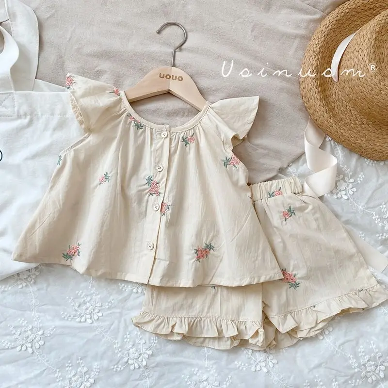

Summer Child Clothes Sets Sleeveless O Neck Ruffles Embroidery Floral Apricot 2 Piece Sets Designer Girls Clothes Sets 8-12T