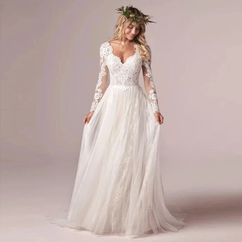 affordable wedding dresses HERBURNL Simple Wedding Dress V-Neck Tulle Long Sleeve Applique Temperament Bridal Dress Vestido de casamento simple wedding dresses