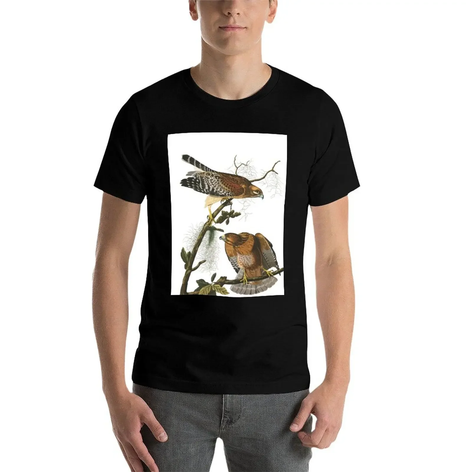 Футболка с красными плечами Hawk-John James Audubon корейская модная рубашка животным