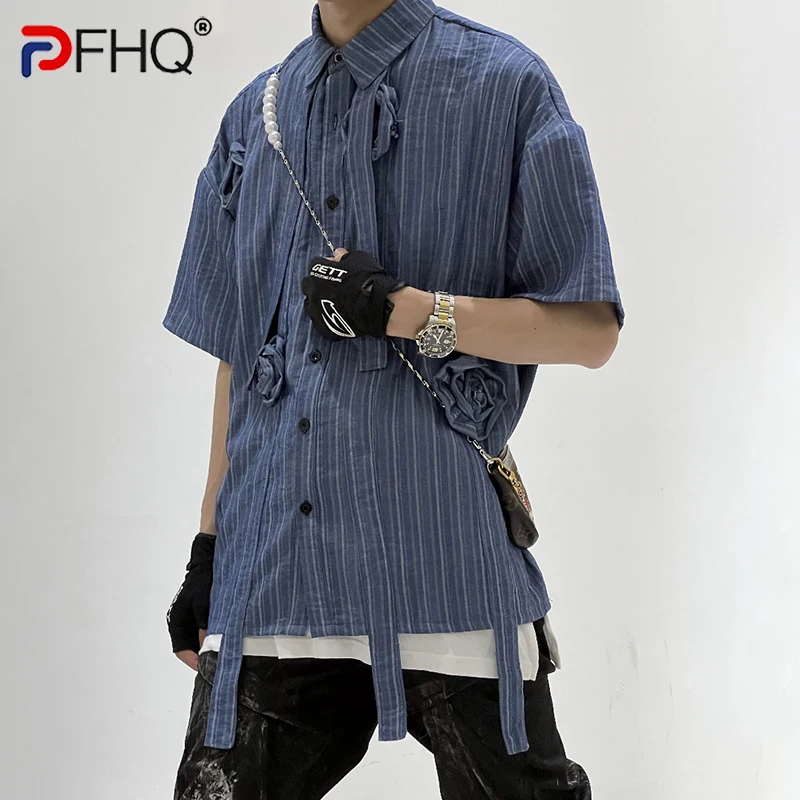 

PFHQ Summer Men's Vintage Linen Striped Breathable Shirts Fashion Ribbon Design Comfortable Baggy Running Delicacy Tops 12Z1418