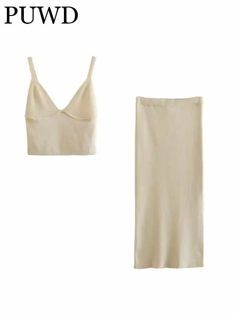 

PUWD Women Fashion Solid Color Sleeveless Knit Blouses High Waist Skirt 2023 Summer Vintage Beige Female Two Piece Sets
