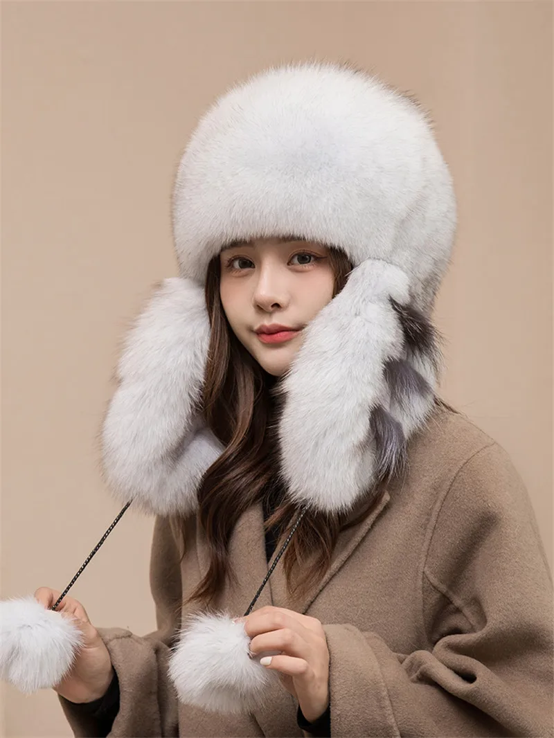 2022 New  Ushanka Hat Stylish Russia Bomber Fur Cap Natural Fox Rabbit Fur Earflap Winter Hats Women